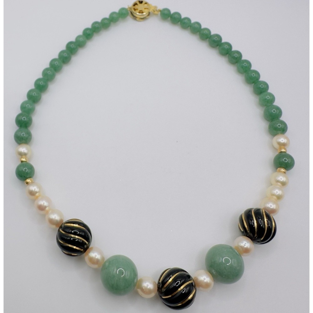 Artisan Gemstone & Pearl Necklace Black Gold Swirl Bead Statement Necklace 18" - Picture 11 of 13